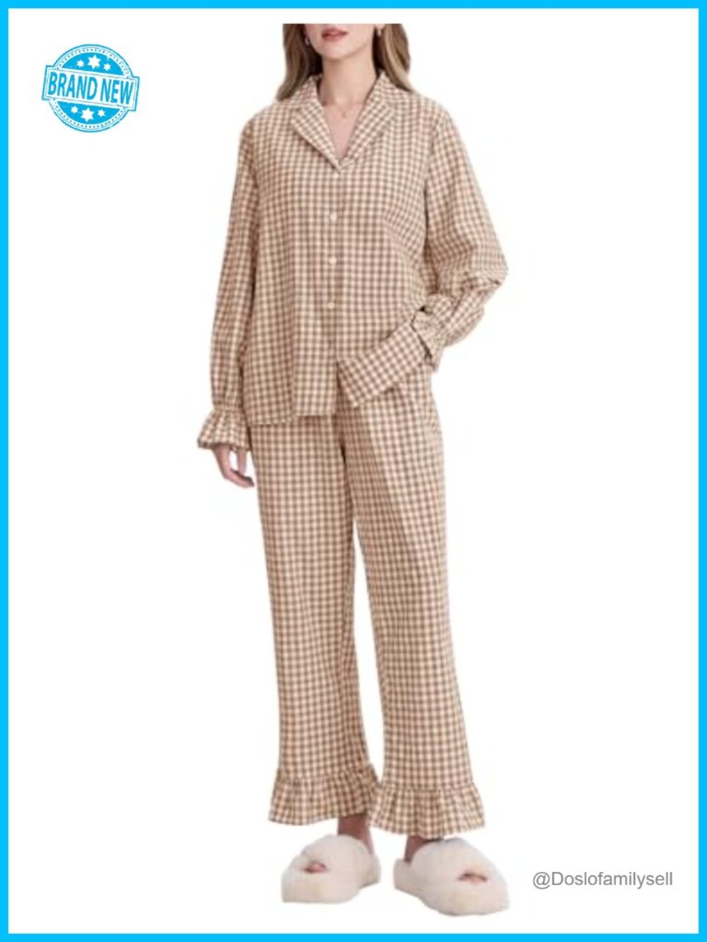 Womens Gingham Pajama Set 100% Cotton Ruffle Lounge 2 Piece